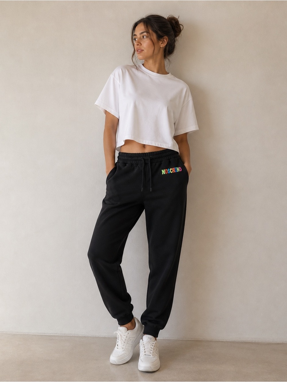 Moschino Black Organic Cotton Joggers with Rainbow Logo